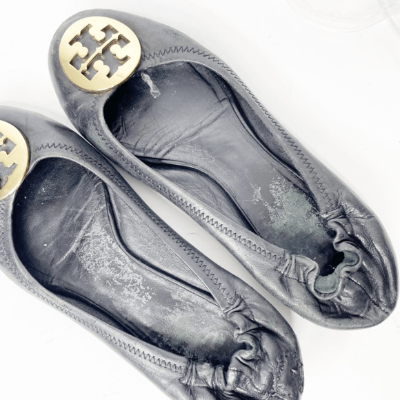 Tory Burch Reva Ballet Flat Black Nappa leather gold medallion logo womens 8 - Picture 7 of 9